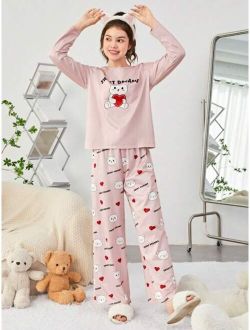 2pcs Teen Girls' Letter & Little Bear Pattern T-shirt And Pants Homewear