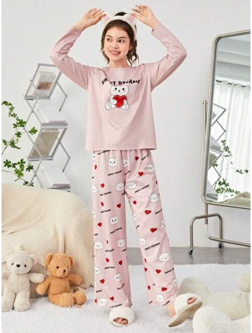 SHEIN 2pcs Teen Girls' Letter & Little Bear Pattern T-shirt And Pants Homewear