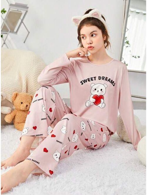SHEIN 2pcs Teen Girls' Letter & Little Bear Pattern T-shirt And Pants Homewear