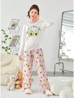 Teen Girls' Knitted Cute Avocado Pattern T-Shirt And Pants Homewear Set