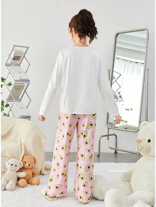 SHEIN Teen Girls' Knitted Cute Avocado Pattern T-Shirt And Pants Homewear Set