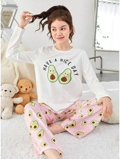 SHEIN Teen Girls' Knitted Cute Avocado Pattern T-Shirt And Pants Homewear Set