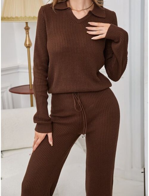SHEIN Essnce Solid Ribbed Knit Sweater & Drawstring Waist Knit Pants