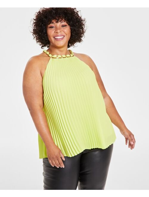 INC International Concepts I.N.C. INTERNATIONAL CONCEPTS Plus Size Plisse Pleated Sleeveless Chain-Trim Top, Created for Macy's