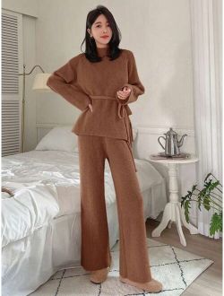 Star Women'S Solid Color Stand Collar Ribbed Knit Sweater And Wide Leg Pants Two-Piece Set