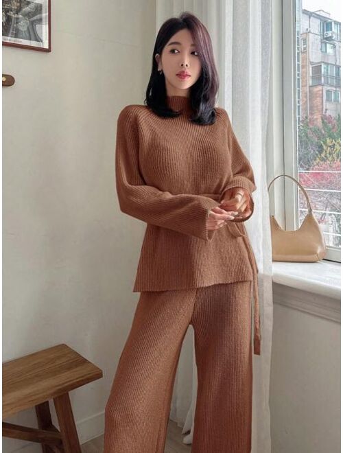 Dazy Star Women'S Solid Color Stand Collar Ribbed Knit Sweater And Wide Leg Pants Two-Piece Set