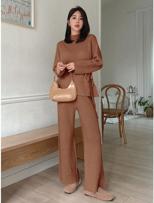 Dazy Star Women'S Solid Color Stand Collar Ribbed Knit Sweater And Wide Leg Pants Two-Piece Set