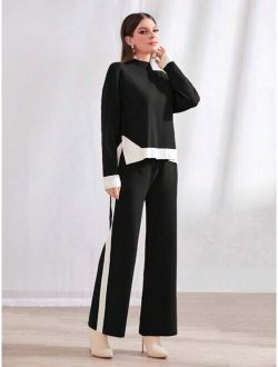 Mulvari Women's Stand Collar Color Block Sweater And Sweater Pants Set