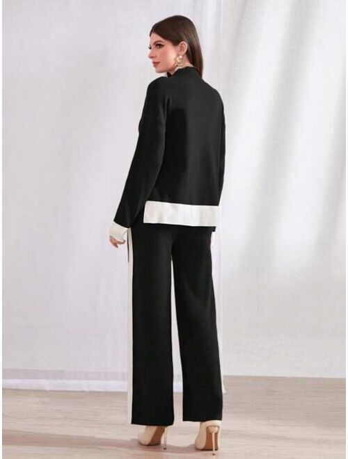 SHEIN Mulvari Women's Stand Collar Color Block Sweater And Sweater Pants Set