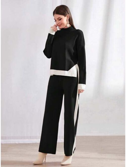 SHEIN Mulvari Women's Stand Collar Color Block Sweater And Sweater Pants Set