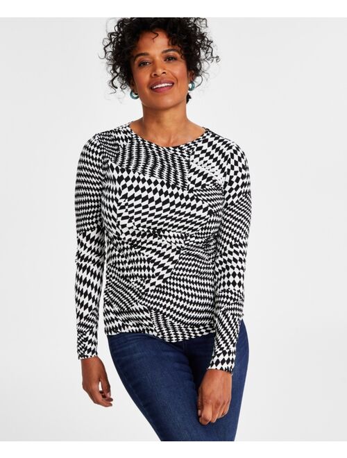 INC International Concepts I.N.C. INTERNATIONAL CONCEPTS Women's Printed Ruched Long-Sleeve Top, Created for Macy's