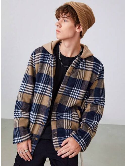 SHEIN Teen Boy Plaid Print Hooded Coat
