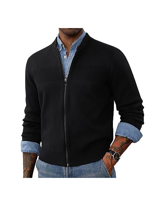 PJ PAUL JONES Men's Full Zip Up Sweater Casual Stand Collar Cardigan Lightweight Knit Cardigan