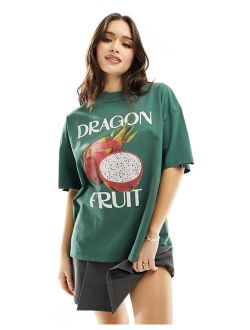 oversized t-shirt with dragon fruit graphic in deep green