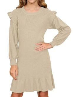 BesserBay Girls Ruffle Lantern Long Sleeve Midi Knit Fall Crew Neck Sweater Dress 4-12 Years