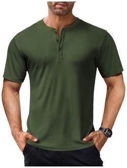 Men's Short Sleeve Henley Shirts Stretch Ribbed T-Shirts Fashion Casual Basic Tops
