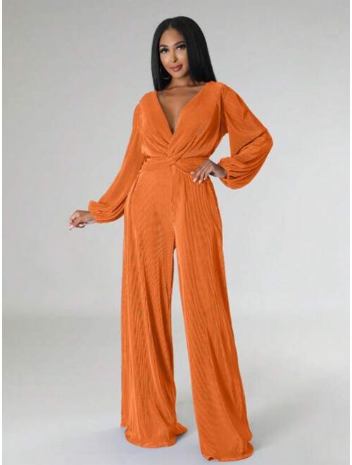 Shein Solid Color Twisted Lantern Sleeve Jumpsuit