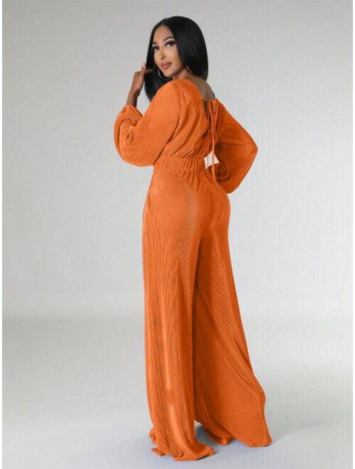 Shein Solid Color Twisted Lantern Sleeve Jumpsuit