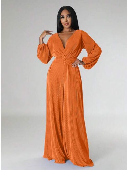 Shein Solid Color Twisted Lantern Sleeve Jumpsuit