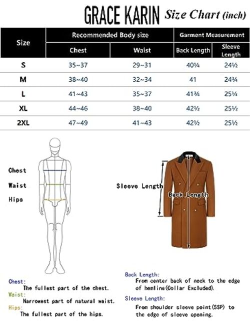 GRACE KARIN Men's Casual Trench Coat Notch Lapel Double Breasted Mid Long Trench Pea Coat