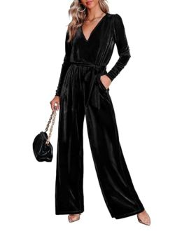 MASCOMODA 2023 Velvet Long Sleeve Wide Leg Jumpsuits for Women Dressy V Neck Belted Romper One Piece Fall Outfits with Pocket