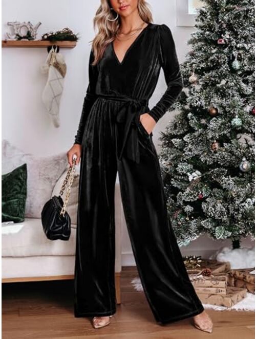 MASCOMODA 2023 Velvet Long Sleeve Wide Leg Jumpsuits for Women Dressy V Neck Belted Romper One Piece Fall Outfits with Pocket
