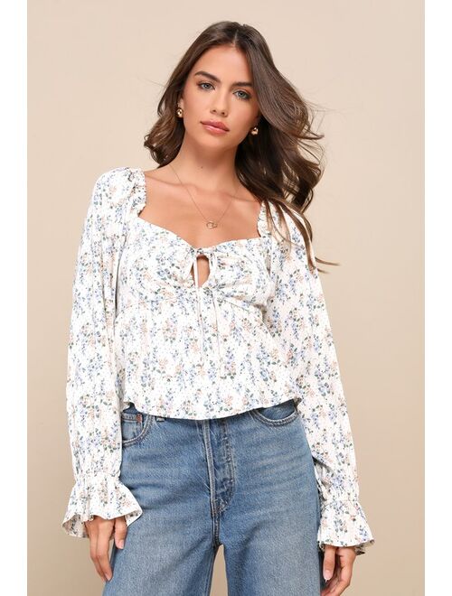 Lulus Effortless Aspect Ivory Floral Print Cropped Balloon Sleeve Top