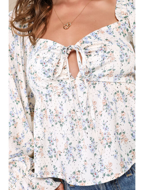 Lulus Effortless Aspect Ivory Floral Print Cropped Balloon Sleeve Top