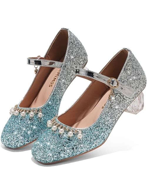 PORMIMOS Girls Dress Shoes Flower High Heel Sparkle Princess Flats Party Glitter Crystal Wedding Shoes for Kids Toddler