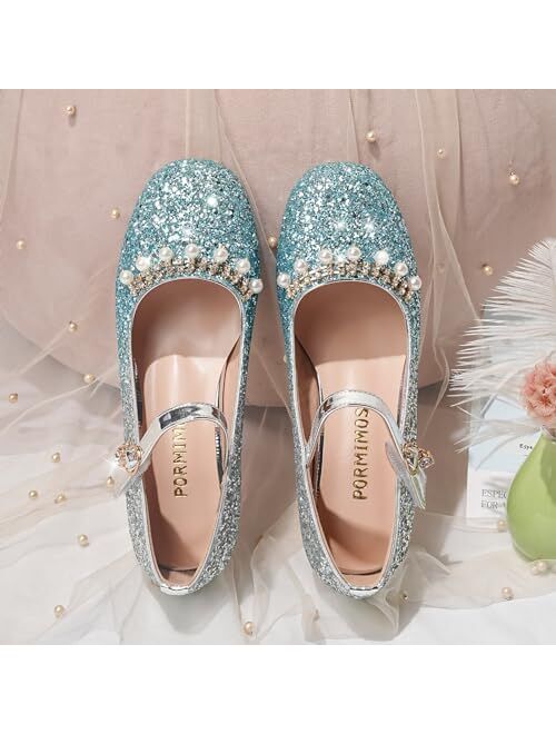 PORMIMOS Girls Dress Shoes Flower High Heel Sparkle Princess Flats Party Glitter Crystal Wedding Shoes for Kids Toddler