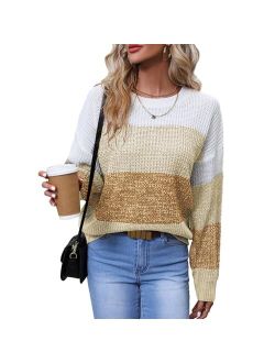 QIANSIQIANBO Women's Striped Color Block Sweater Long Sleeve Crewneck Casual Loose Fit Soft Knit Sweater Pullover Tops