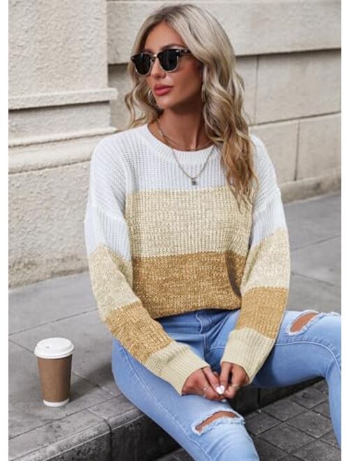 QIANSIQIANBO Women's Striped Color Block Sweater Long Sleeve Crewneck Casual Loose Fit Soft Knit Sweater Pullover Tops