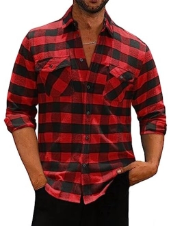 Men Mens Plaid Flannel Shirts Long Sleeve Regular Fit Casual Button Down Shirt with Pockets
