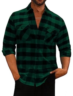 Men Mens Plaid Flannel Shirts Long Sleeve Regular Fit Casual Button Down Shirt with Pockets