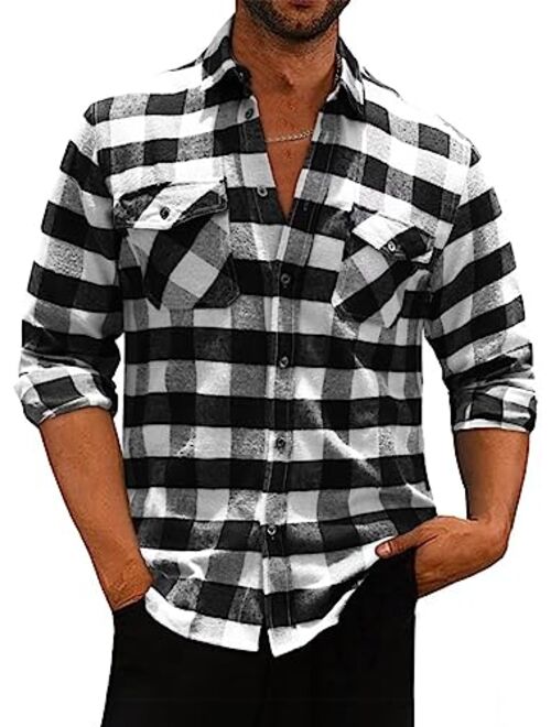 Dokotoo Men Mens Plaid Flannel Shirts Long Sleeve Regular Fit Casual Button Down Shirt with Pockets