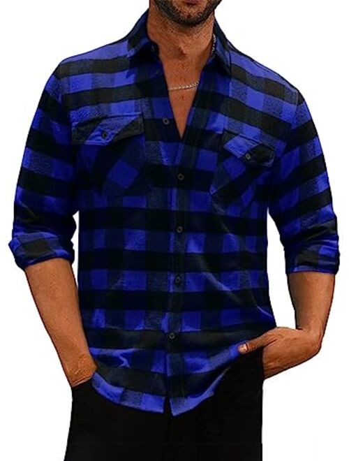 Dokotoo Men Mens Plaid Flannel Shirts Long Sleeve Regular Fit Casual Button Down Shirt with Pockets