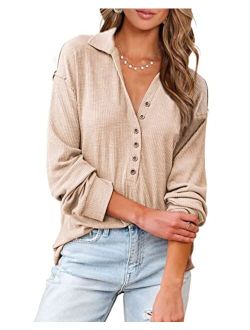 BTFBM Women Casual Button Down V Neck Blouses Long Sleeve Solid Color Stand Collar Knitted Fall Tops Cute Relaxed Fit Shirts