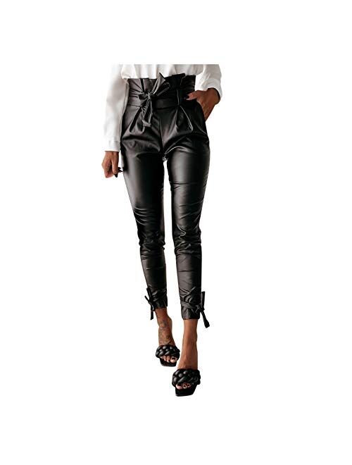 Yanzihao Women Fashion Solid Fold Bow Trousers Sexy Leather Tight Leggings Pocket PantBlack Dress Pants Women
