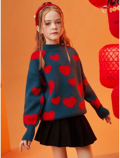 Shein Winter Thickened Double-Layer Love Patterned Off-The-Shoulder Sweater For Tween Girls