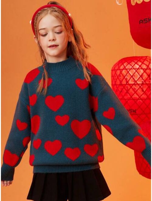 Shein Winter Thickened Double-Layer Love Patterned Off-The-Shoulder Sweater For Tween Girls