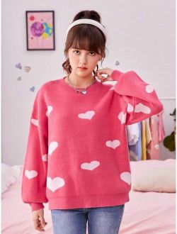 Teen Girl Heart Pattern Drop Shoulder Sweater