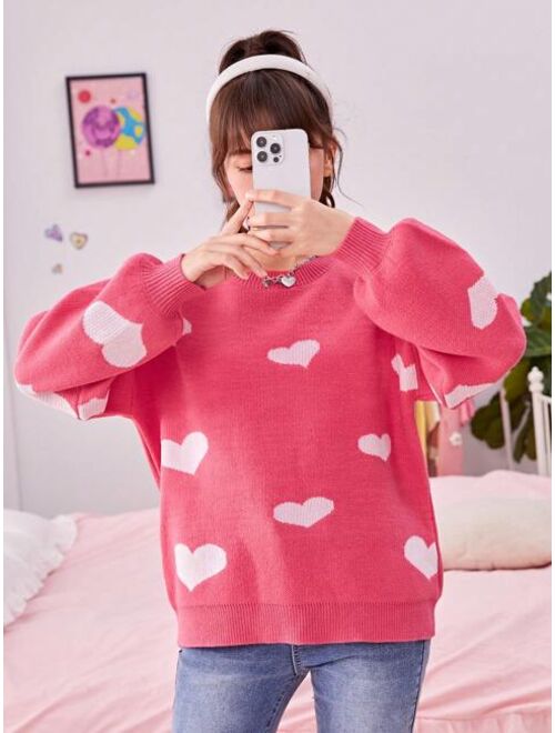 SHEIN Teen Girl Heart Pattern Drop Shoulder Sweater