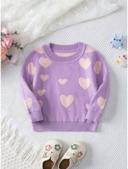 Baby Girls' Love Heart Pattern Drop Shoulder Long Sleeve Sweater