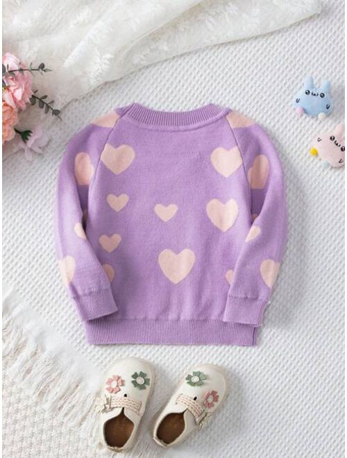 Shein Baby Girls' Love Heart Pattern Drop Shoulder Long Sleeve Sweater