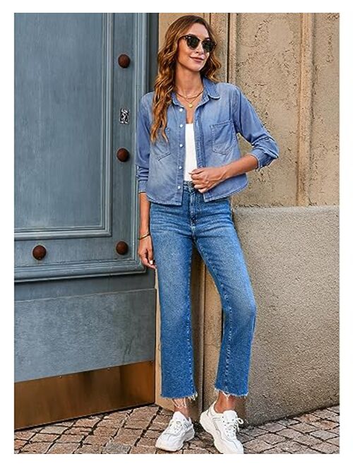 luvamia 2023 Denim Shirt Women Cropped Button Down Shirts Jean Blouse Lightweight Shacket Cowgirl Outfit Y2K