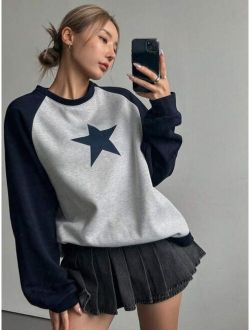 Star Print Raglan Sleeve Two Tone Sweatshirt