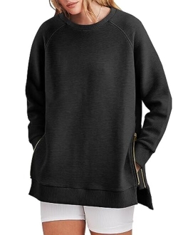 Women's Sweatshirts Long Sleeve Tunic Tops Crew Neck Soft Pullover With Side Zipper Shirt Clothes 2023