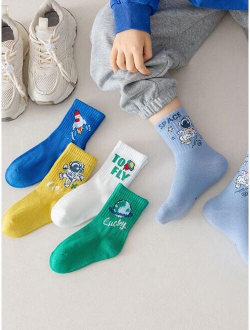 Shein 5pairs/pack Cartoon Astronaut High Elasticity Mid-calf Socks Unisex For Daily Wear All Seasons