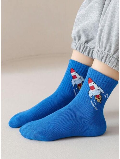 Shein 5pairs/pack Cartoon Astronaut High Elasticity Mid-calf Socks Unisex For Daily Wear All Seasons
