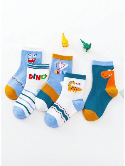 Shein 5pairs/Set Boys' Blue Dinosaur Design High Elasticity Moisture-Wicking Socks
